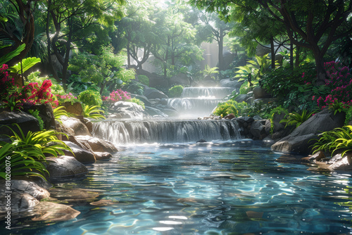 A tranquil riverside retreat enveloped by lush greenery, the gentle murmur of the water soothing the soul and calming the mind. Concept of natural serenity and introspection. Generative Ai. photo