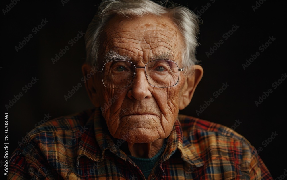 An old man with glasses and a plaid shirt. He looks tired and sad. Concept of loneliness and nostalgia An old man with glasses and a plaid shirt. He looks tired and sad. Concept of loneliness and nostalgia