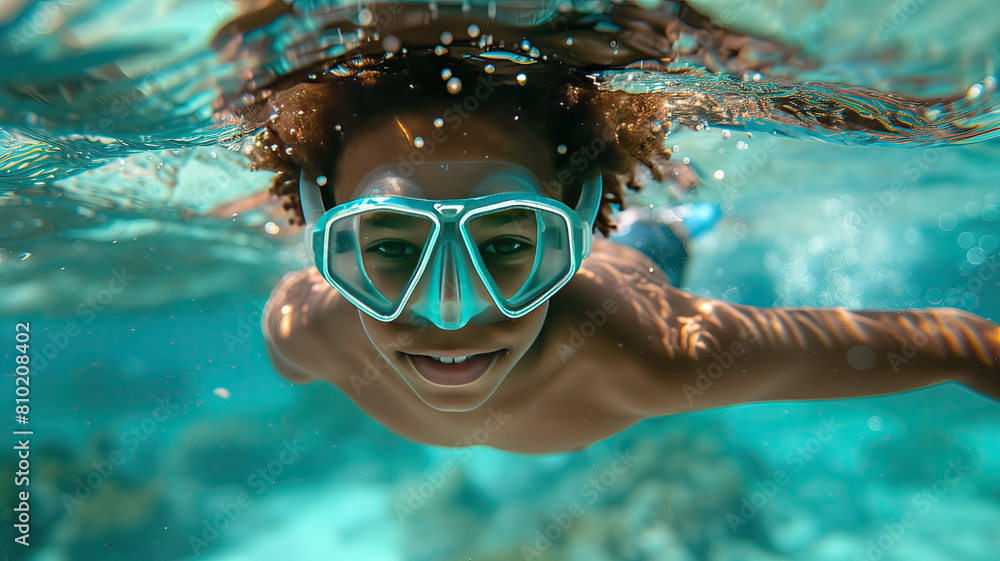 a cheerful afro american boy swimming underwater in a mask. Summer vacation.