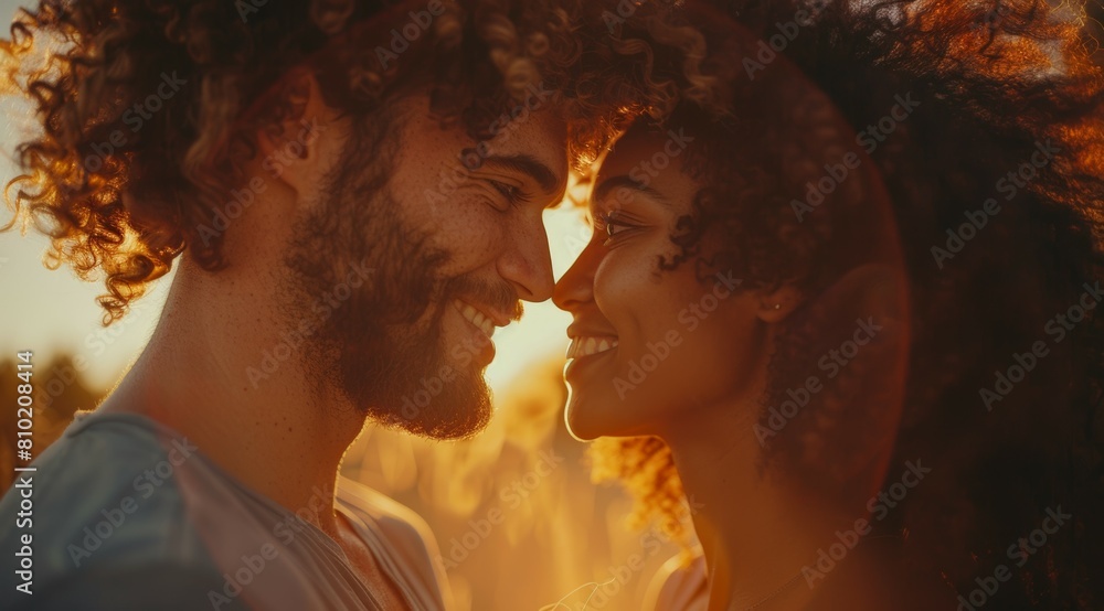 A man and woman are kissing each other's noses in the sun A man and woman are kissing each other's noses in the sun
