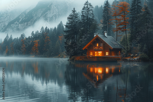 A serene lakeside cabin nestled among towering pine trees, its reflection mirrored in the glassy surface of the water. Concept of retreat and reflection. Generative Ai.
