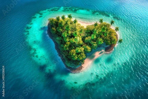 An Aerial View of a Secluded Tropical Paradise Surrounded by Crystal-Clear Turquoise Waters and White Sandy Beaches, Perfect for Honeymoons and Tranquil Getaways, Generative AI © Ben