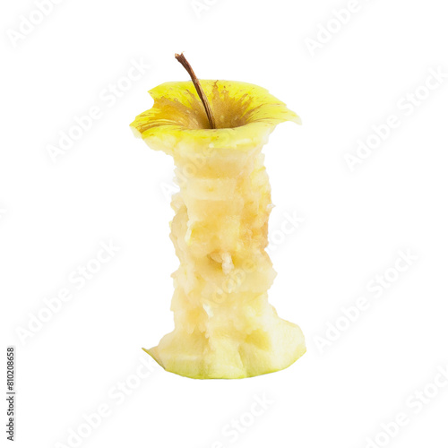 One green ripe apple, bitten to the core, on a transparent and white background. PNG. Side view. photo