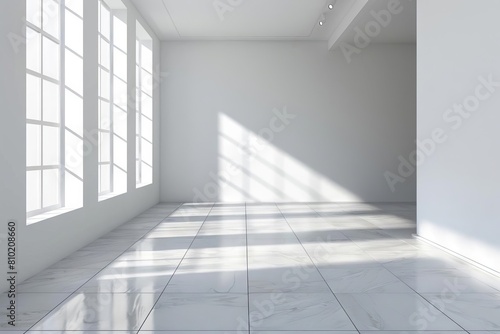 white empty room interior with ceramic tile floor window and ceiling light minimalist home design 3d rendering