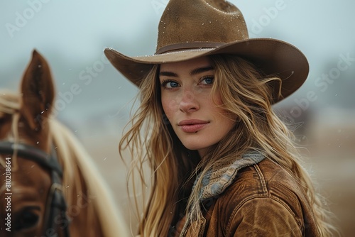 An enchanting cowgirl appears confident next to a horse, representing a strong bond with animals and the spirit of adventure