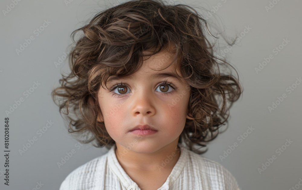 A young child with brown hair and brown eyes is standing in front of a gray background. The child has a serious expression on their face A young child with brown hair and brown eyes is standing in front of a gray background. The child has a serious expression on their face