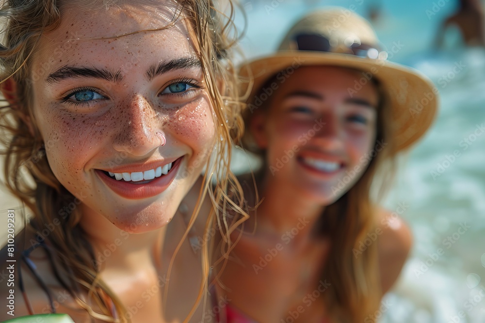A close-up of a young woman's face, displaying her smile and sparkling eyes with a blurred friend's presence in the background A close-up of a young woman's face, displaying her smile and sparkling eyes with a blurred friend's presence in the background