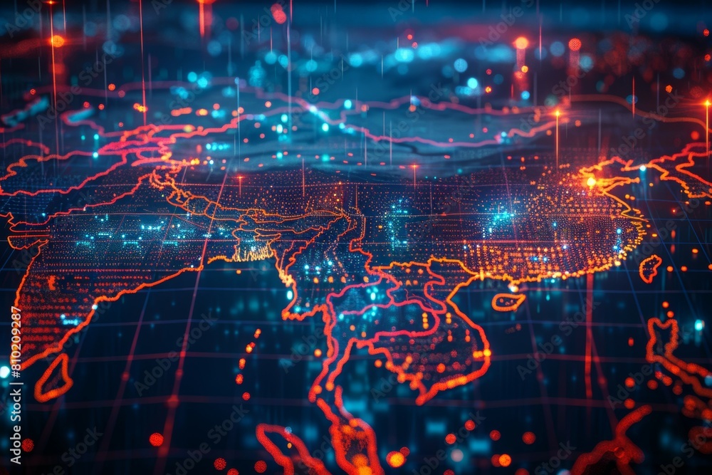 Obraz premium A map of the world with a blue background and red and orange lines