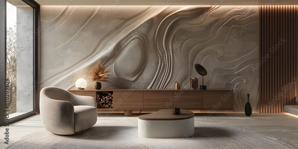 Sculptural Wood Grain Wall Installation Enhancing a Serene Modern Interior Sculptural Wood Grain Wall Installation Enhancing a Serene Modern Interior