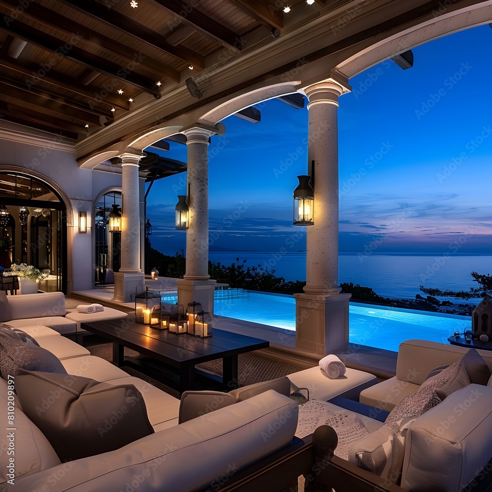 Fototapeta premium Moonlit Oceanfront Estate Exuding Luxury and Tranquility with Stunning Seascape Views