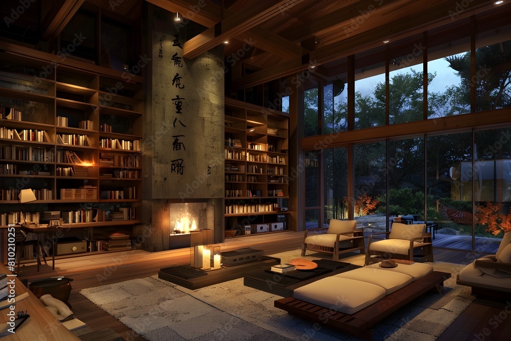 Tranquil Nighttime Retreat CabinInspired Living Space with Minimalist Japanese Influences
