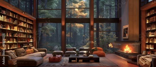 Cozy Living Room at Dusk A Cabincore Retreat Embodying Japanese Minimalist Design and Tranquil Serenity photo