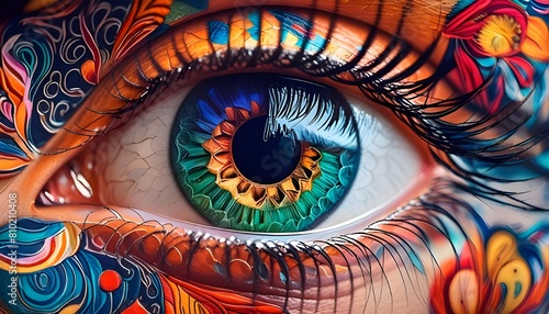  A vibrant and colorful artistic representation of an eye. The eye is the central focus