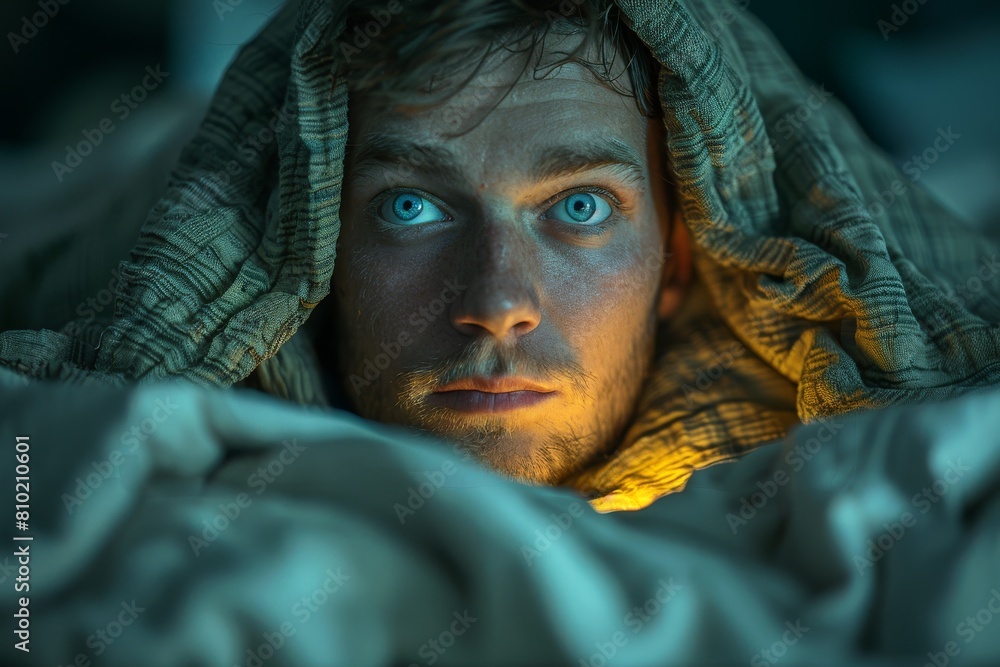 An expressive man lying under blankets with an intense, focused gaze lit with dramatic lighting An expressive man lying under blankets with an intense, focused gaze lit with dramatic lighting
