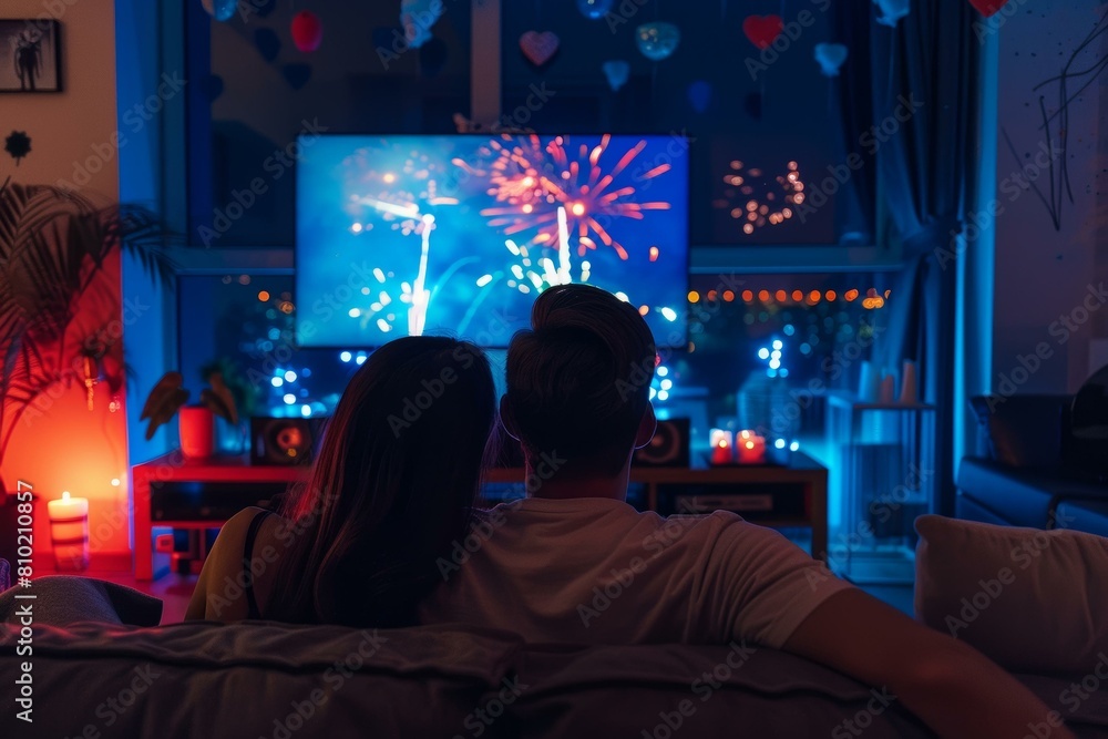 Cozy couple watching vibrant fireworks on TV in a romantically lit living room, festival or relationship themes.