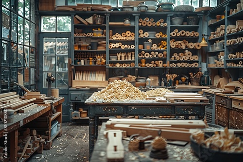 A woodworker's shop is overloaded with stacked wooden planks, tools, and sawdust evidencing active craftsmanship
