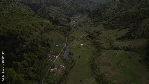 A drone flies over a green nature area in Valea Doftanei Romania photo