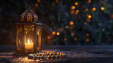 Muslim lantern with candle and prayer beads for Ramada