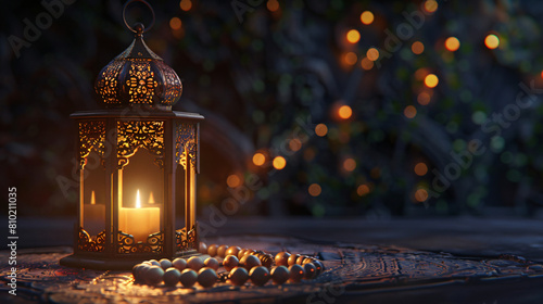 Muslim lantern with candle and prayer beads for Ramada photo