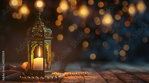 Muslim lantern with candle and prayer beads for Ramada photo