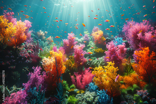 A colorful coral reef teeming with life, from vibrant fish to intricate coral formations, representing the diversity of marine habitats. Concept of coral ecosystems. Generative Ai. © Sebastian