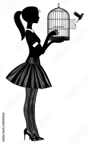 Black silhouette of a young girl in a short fluffy skirt and high-heeled shoes releases a bird from a cage. Drawing in vintage black and white engraving  style. Vector illustration © Raman Maisei
