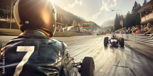 A Driver in a Vintage Open-Wheel Race Car Competes on a Historic Track, Offering a Glimpse from the Cockpit as They Navigate Through a Challenging Circuit, Generative AI photo