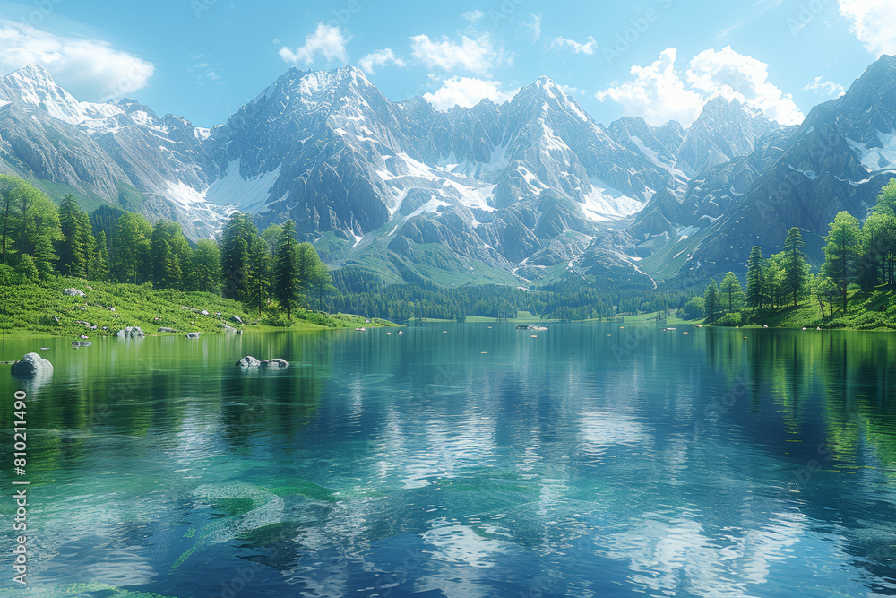 A pristine alpine lake, with crystal-clear waters reflecting snow-capped peaks and pine-clad slopes, untouched by human influence. Concept of alpine environments. Generative Ai.