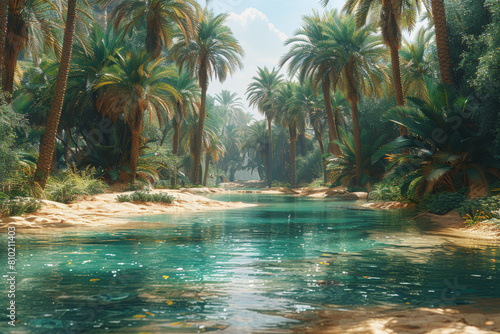 A serene oasis nestled in a desert expanse, with lush palms and sparkling water, providing refuge for weary travelers. Concept of desert sanctuaries. Generative Ai. © Sebastian