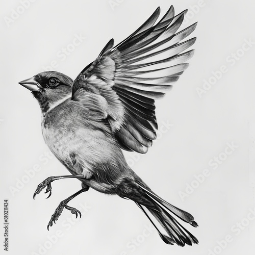 Chaffinch Bird Pencil Sketch Hand Drawn Black and White Isolated Depiction of Fringilla Coelebs on a Blank White Background photo