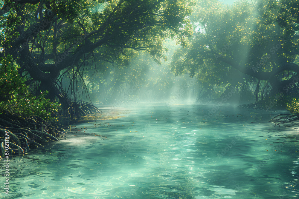 Fototapeta premium A serene mangrove swamp, with tangled roots and brackish waters, providing habitat for unique species adapted to coastal environments. Concept of coastal wetlands. Generative Ai.