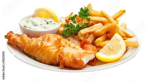  A traditional fish and chips meal with tartar sauce and lemon wedges, neatly arranged on a solid pure white background. 
