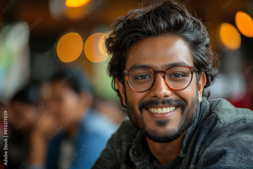 Smiling young man with stylish glasses in a busy cafe Smiling young man with stylish glasses in a busy cafe