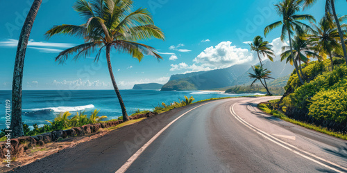 Panoramic Banner Photo of a Coastal Road With Tall Palm Trees and Ocean View © Nikki AI