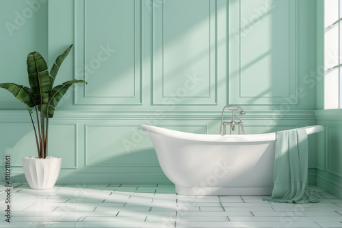 A serene bathroom setting with a freestanding white bathtub against a mint green paneled wall  complemented by a potted tropical plant and a towel  bathed in natural light from a nearby window.