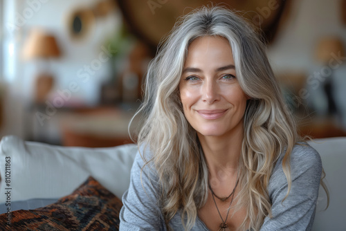 Portrait of a smiling woman with gray hair in a cozy home