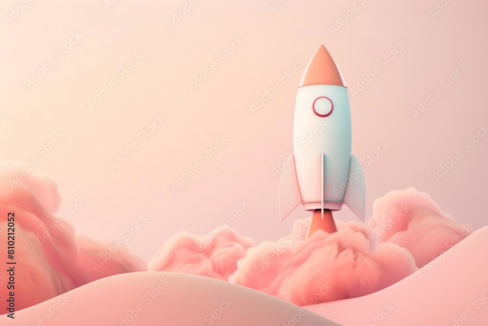 A white rocket is flying through a pink sky. The pink sky and clouds create a dreamy, whimsical atmosphere A white rocket is flying through a pink sky. The pink sky and clouds create a dreamy, whimsical atmosphere