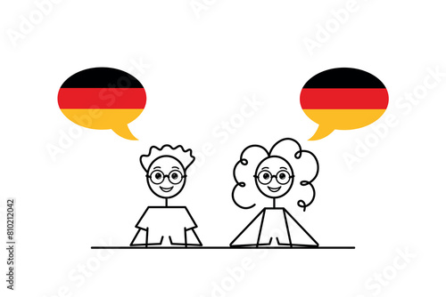 deutsch speakers, cartoon boy and girl with speech bubbles in German flag colors, learning german language vector illustration