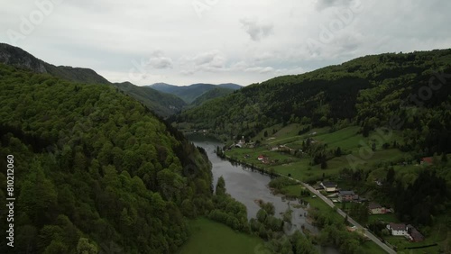 A drone flies over a green nature area in Valea Doftanei Romania photo