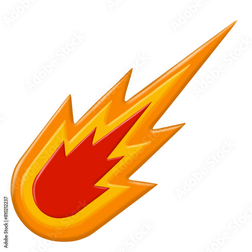 Meteor with trail of fire. Celestial object. Flying in sky. Cartoon flat illustration. Comet with tail. Dangerous space object. Big asteroid. Stars and astronomy