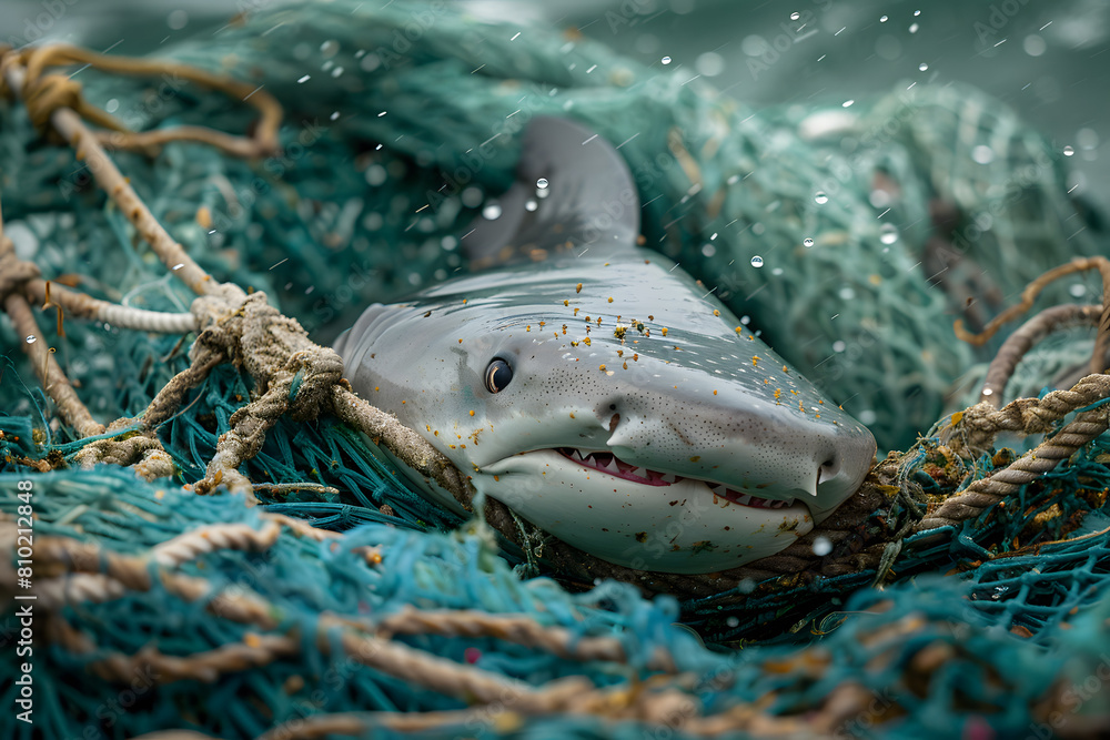 Shark caught in fishing net, close-up shot. Marine conservation and