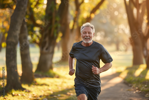 gentle morning light, a senior man gracefully jogs through the park, exemplifying the benefits of staying active and fit, encouraging others to join him on the journey to wellness.