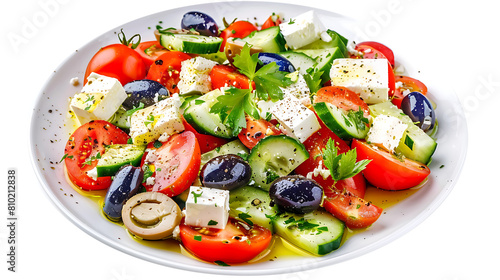  A vibrant Greek salad with tomatoes, cucumbers, olives, and feta cheese, drizzled with olive oil, on a solid pure white background. 