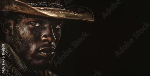 A close up portrait of a black male cowboy. He wears a distressed cowboy hat and the clothing of a rancher. He has beads of sweat on his face from a day of hard work.