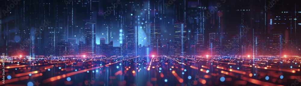 Explore a vibrant depiction of a digital cityscape in neon and blue, perfect for showcasing network infrastructure in presentations.