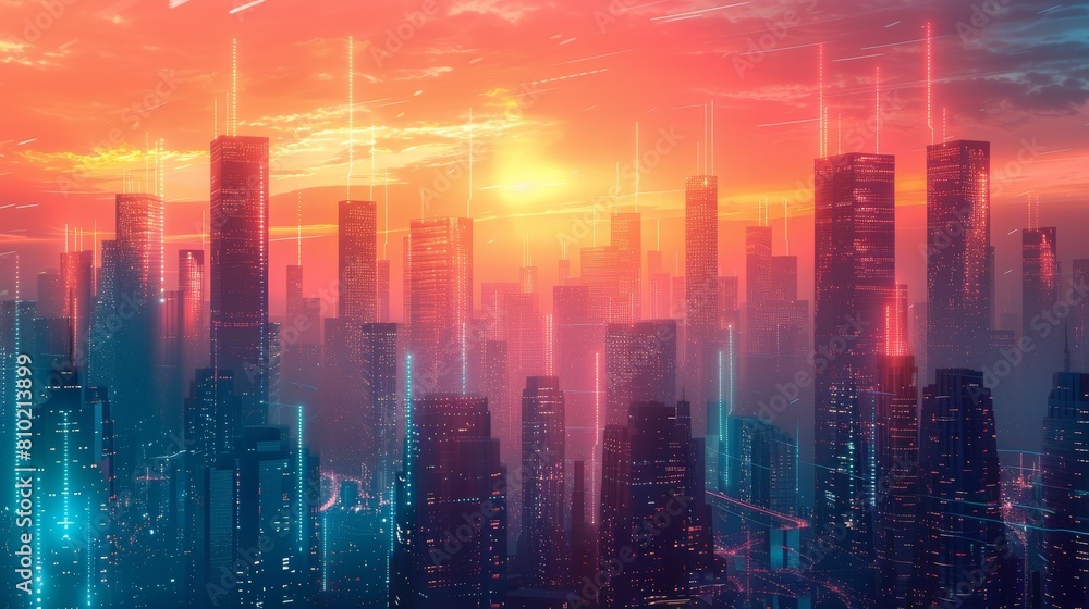 A vibrant digital illustration of a futuristic city with towering skyscrapers and neon lighting effects