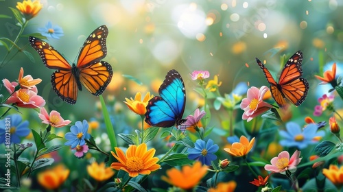 An enchanting scene of vivid butterflies pollinating colorful flourishing flowers, embodying rejuvenation