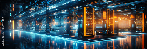 Futuristic Data Center with High-Tech Servers and Illuminated Racks in a Modern Facility