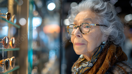 Elderly woman browsing glasses in a store. Close-up portrait with a thoughtful expression. Lifestyle and fashion for seniors concept. Design for poster, advertisement