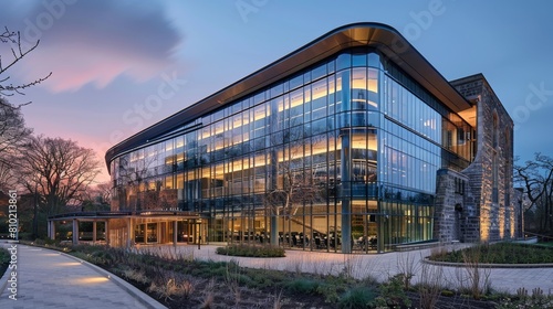 A remarkable photo of contemporary glass building exterior at dusk with warm lighting and dramatic sky photo